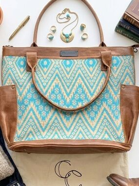 Full Heritage Falseria Nena & Co Leather Woven Geometric Tote Bag Teal Tan Boho